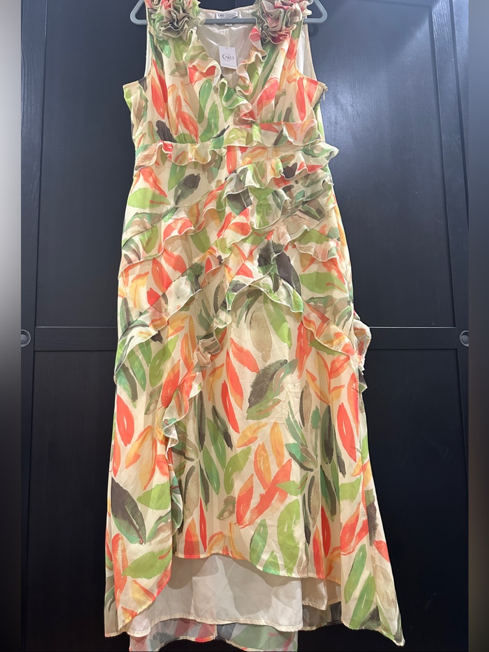 Cato Multicolor Leaf-Print High-Low Ruffle Dress